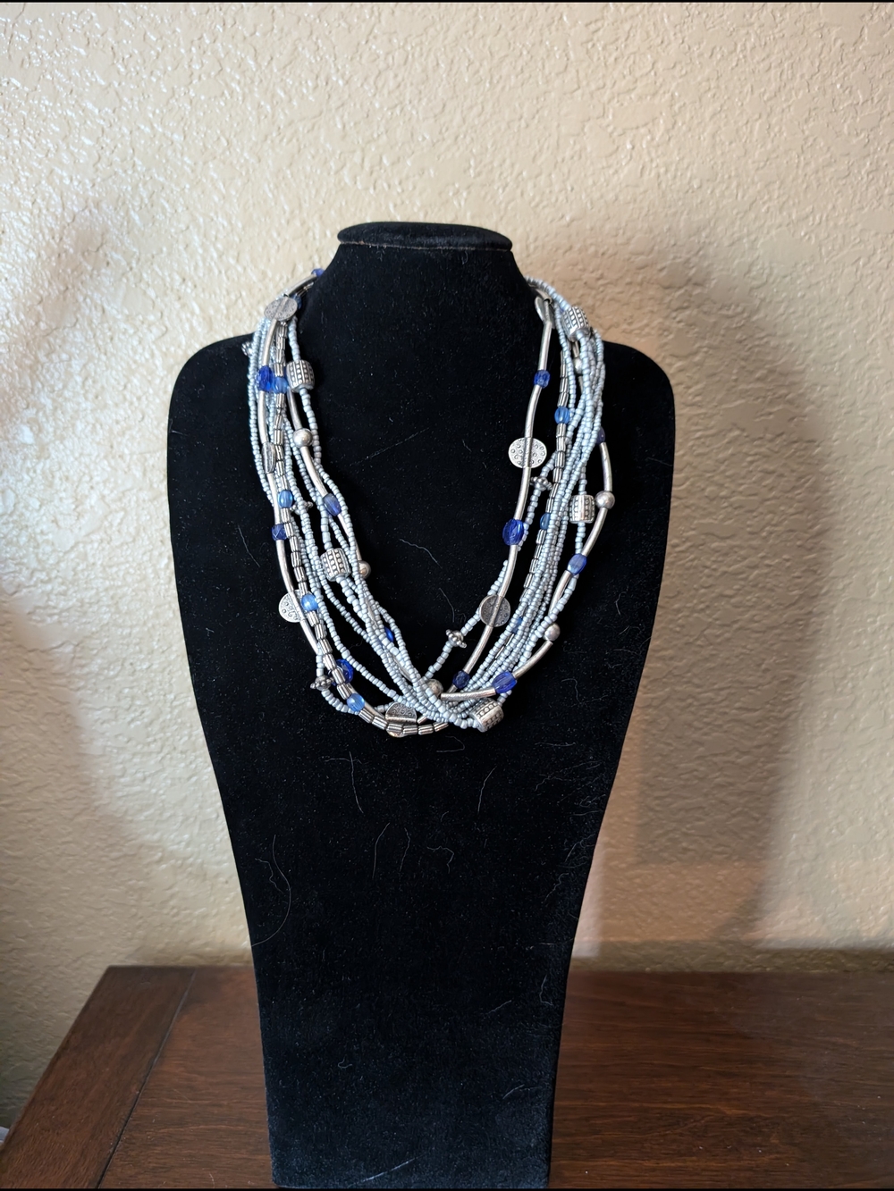 Coldwater Creek Multi-Strand Silver and Blue Beaded Necklace